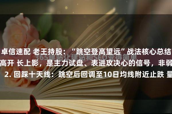 卓信速配 老王持股：“跳空登高望远”战法核心总结：1. 跳空上引线：跳空高开 长上影，是主力试盘、表进攻决心的信号，非弱势。2. 回踩十天线：跳空后回调至10日均线附近止跌 量能萎缩，是低吸良机。3. 趋...